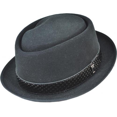 Dobbs Black "Bertram" Porkpie Wool Dress Hat With Diamond Embossed Leather Head Band